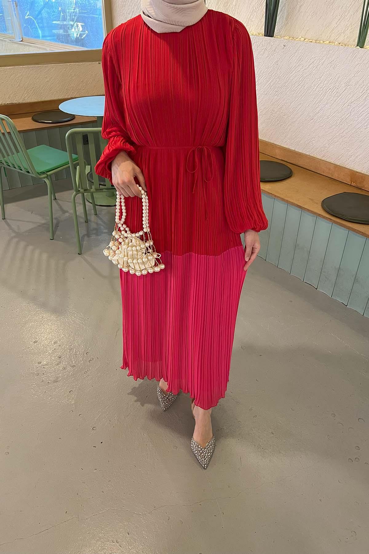 Sare Fashion Balloon Sleeve Pleated Dress Red