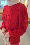 Sare Fashion Balloon Sleeve Pleated Dress Red