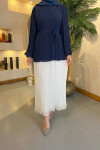 Sare Fashion Balloon Sleeve Pleated Dress Navy Blue