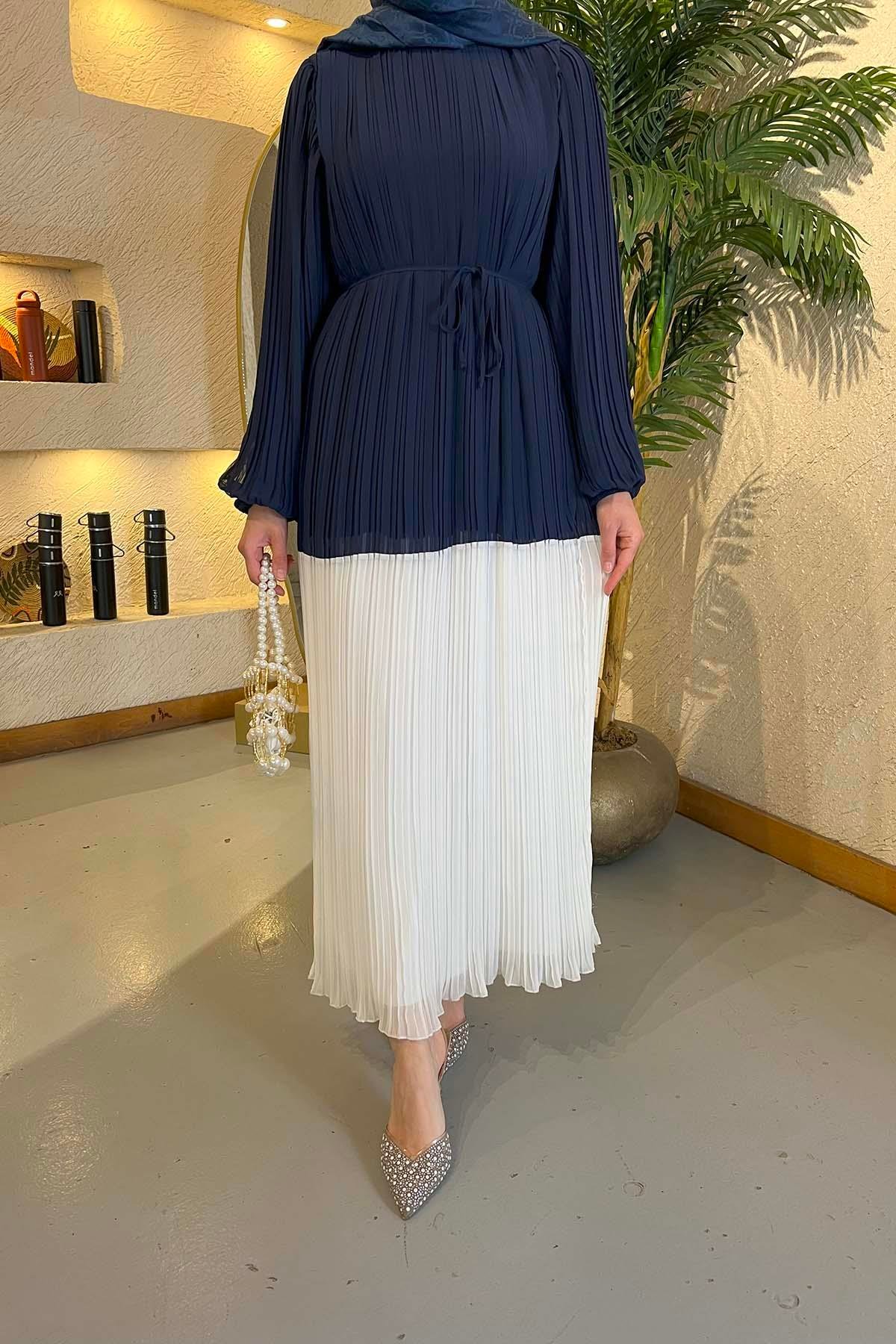 Sare Fashion Balloon Sleeve Pleated Dress Navy Blue