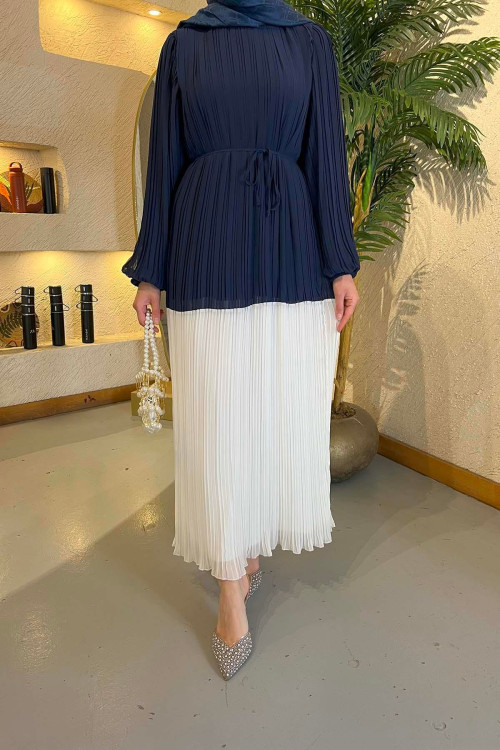 Sare Fashion Balloon Sleeve Pleated Dress Navy Blue
