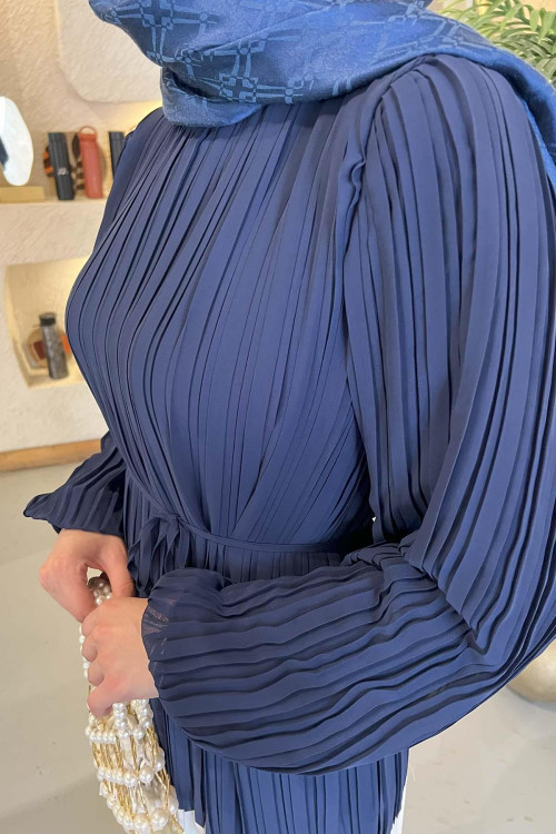 Sare Fashion Balloon Sleeve Pleated Dress Navy Blue