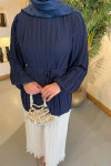 Sare Fashion Balloon Sleeve Pleated Dress Navy Blue
