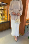 Sare Fashion Balloon Sleeve Pleated Dress Stone