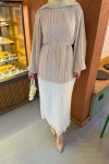 Sare Fashion Balloon Sleeve Pleated Dress Stone