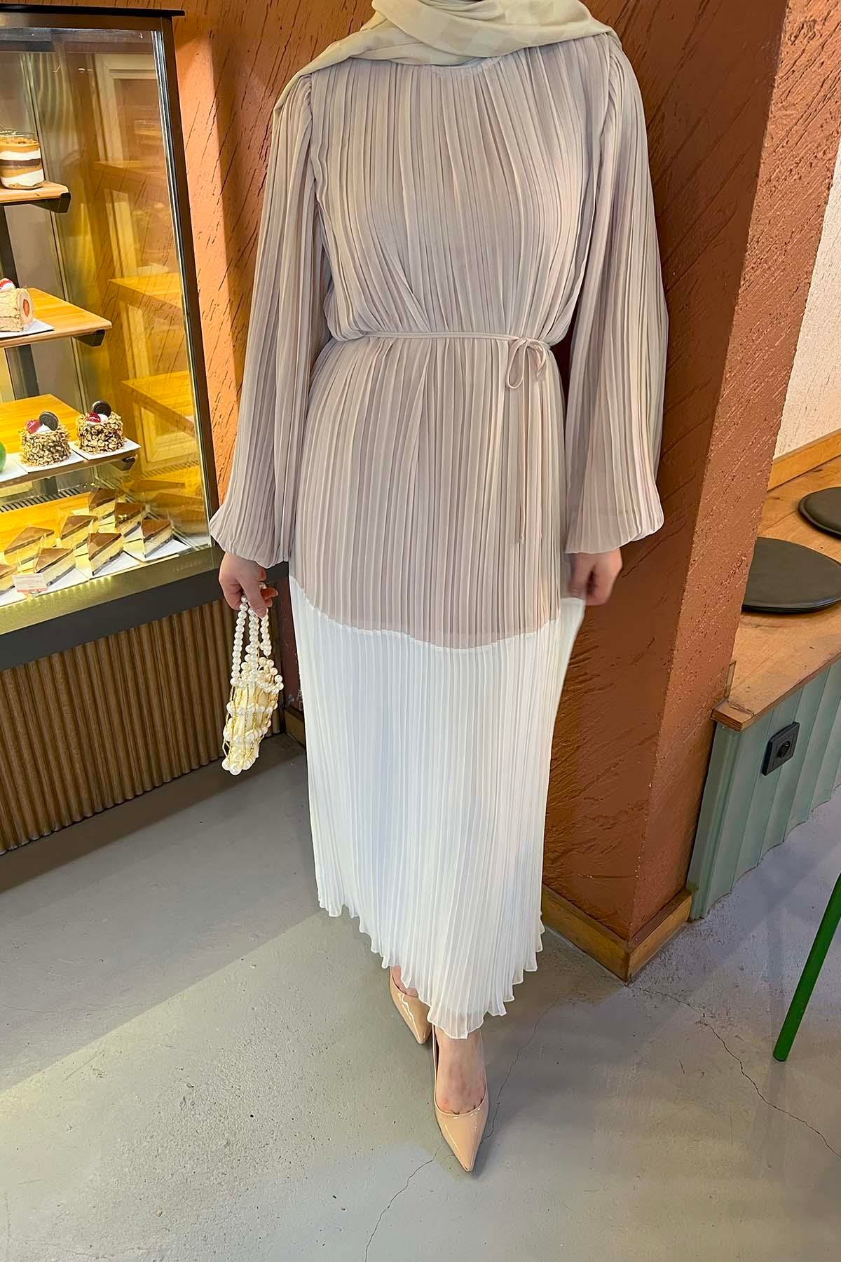 Sare Fashion Balloon Sleeve Pleated Dress Stone
