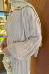 Sare Fashion Balloon Sleeve Pleated Dress Stone