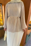 Sare Fashion Balloon Sleeve Pleated Dress Stone