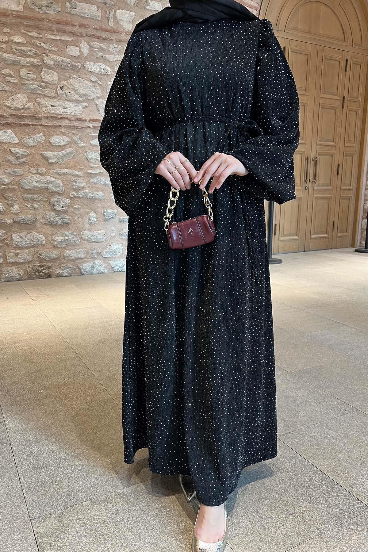 Sare Fashion Balloon Sleeve Stoned Belted (Lined) Dress Black Sare Fashion Balloon Sleeve Stoned Belted (Lined) Dress Black