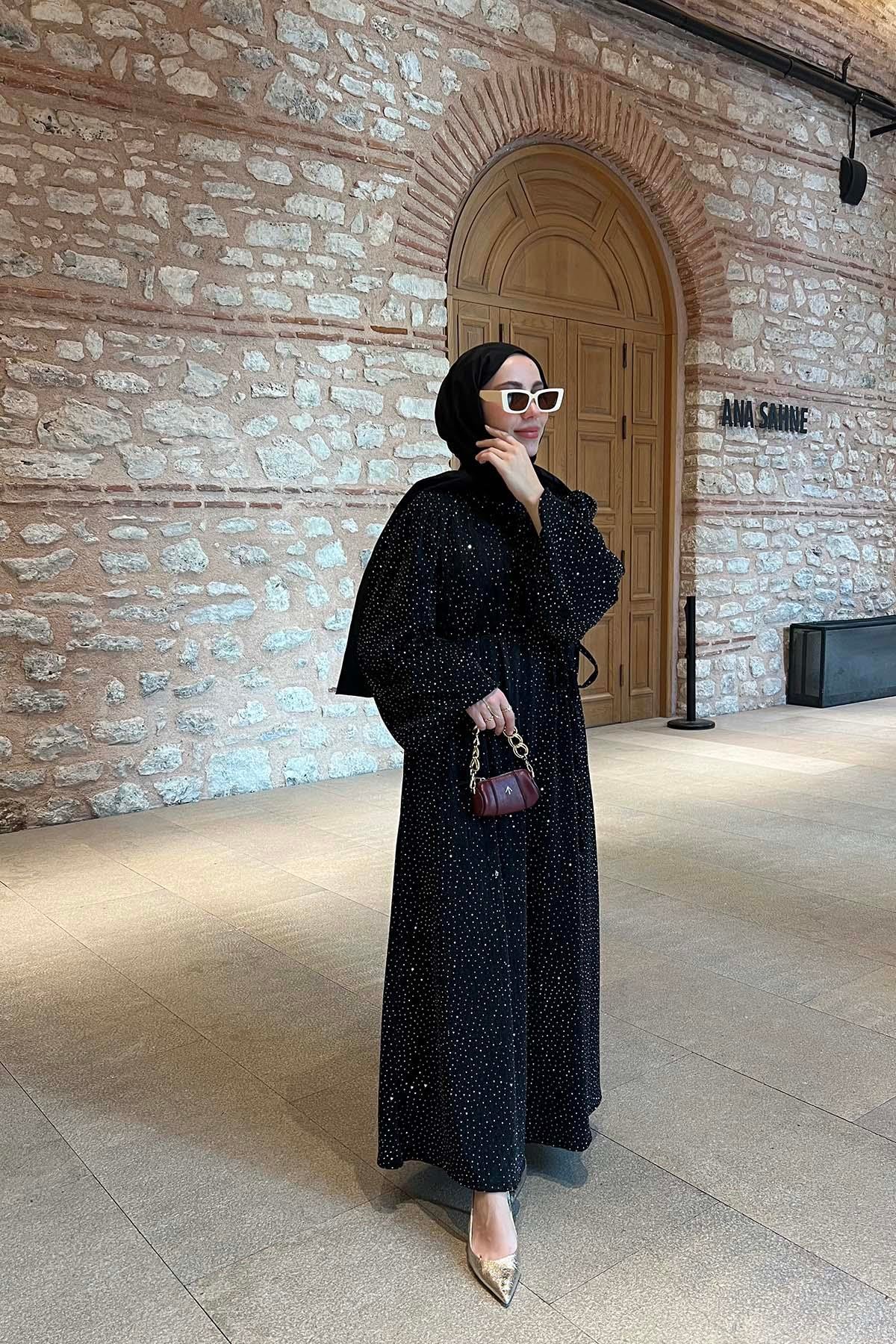 Sare Fashion Balloon Sleeve Stoned Belted (Lined) Dress Black