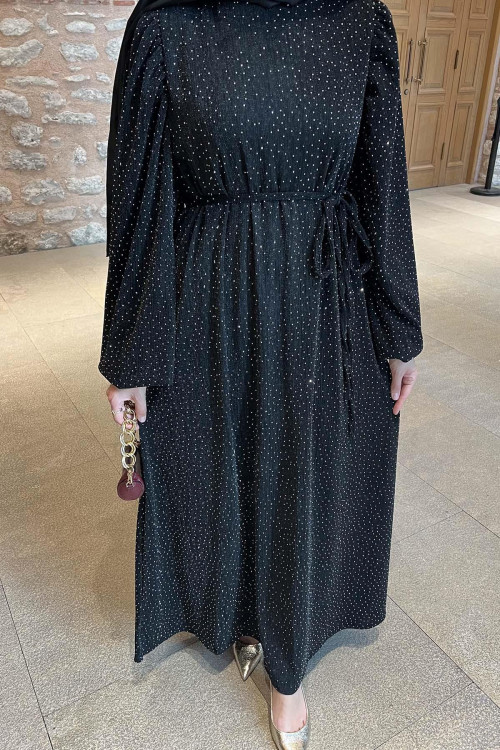 Sare Fashion Balloon Sleeve Stoned Belted (Lined) Dress Black