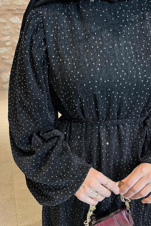 Sare Fashion Balloon Sleeve Stoned Belted (Lined) Dress Black