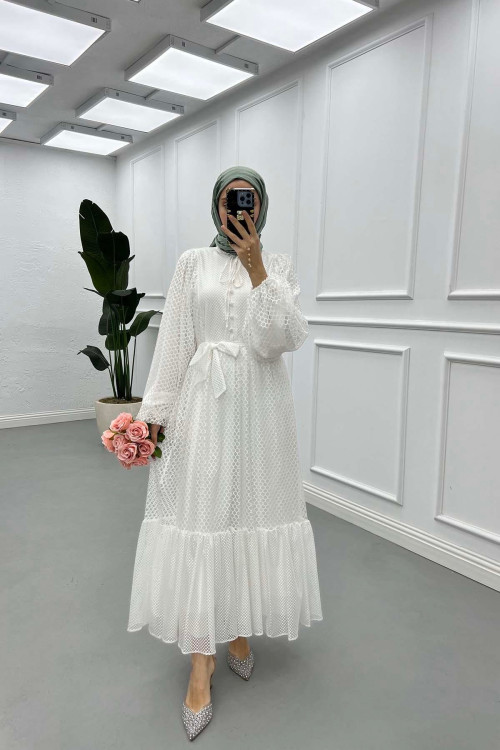 Sare Fashion Balloon Sleeve Tulle Dress White