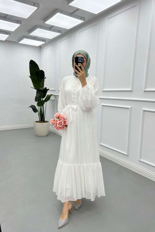 Sare Fashion Balloon Sleeve Tulle Dress White