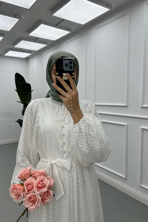 Sare Fashion Balloon Sleeve Tulle Dress White