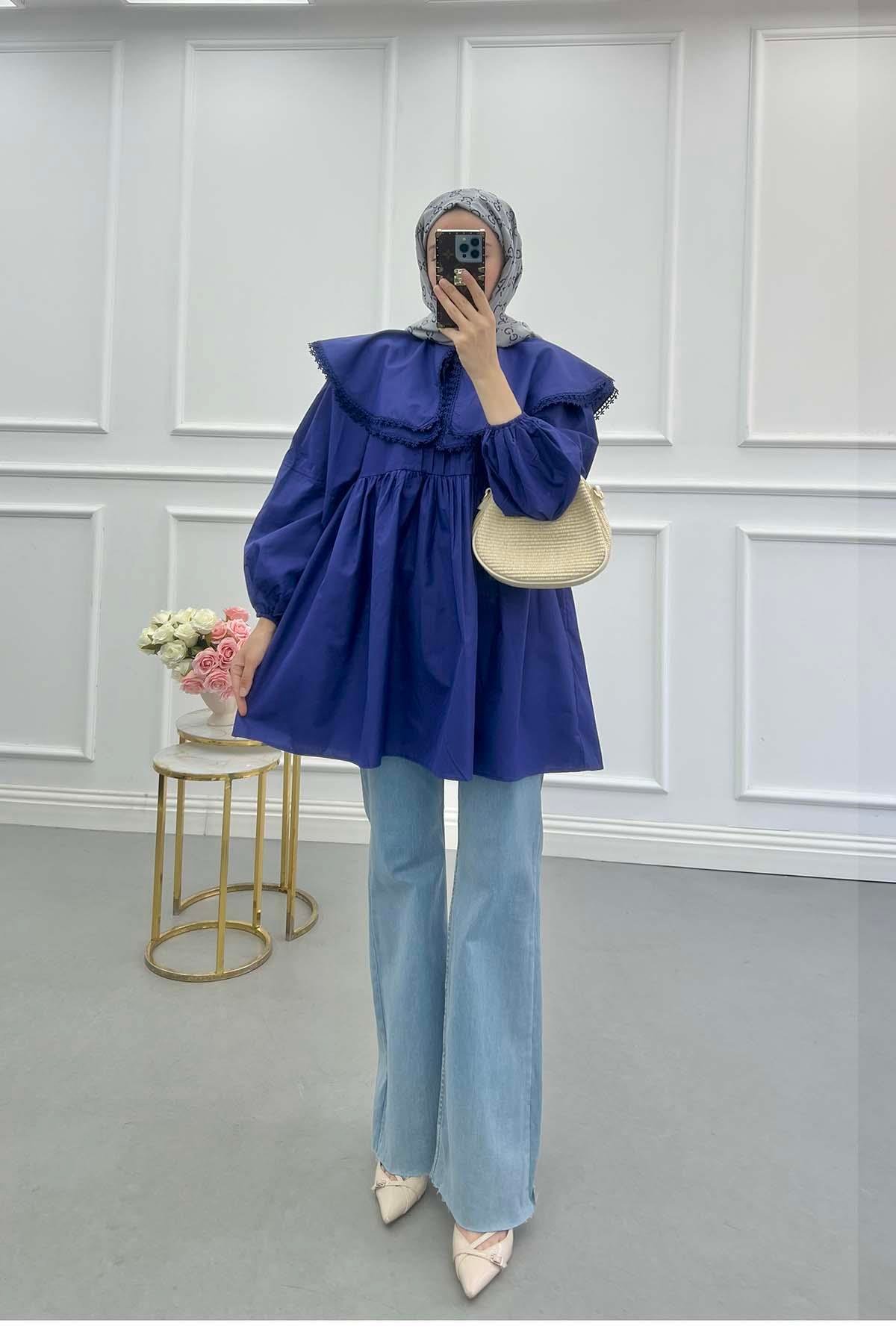 Sare Fashion Baby Collar Balloon Sleeve Tunic Navy Blue