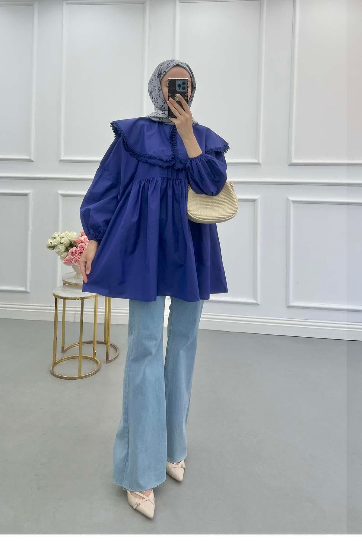 Sare Fashion Baby Collar Balloon Sleeve Tunic Navy Blue