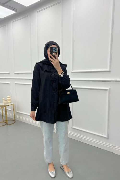 Sare Fashion Baby Collar Bow Shirt Black