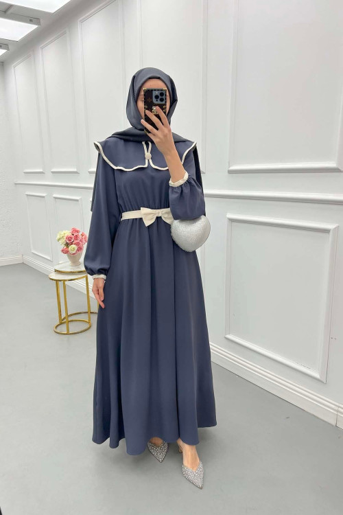 Sare Fashion Baby Collar Belted Dress Anthracite