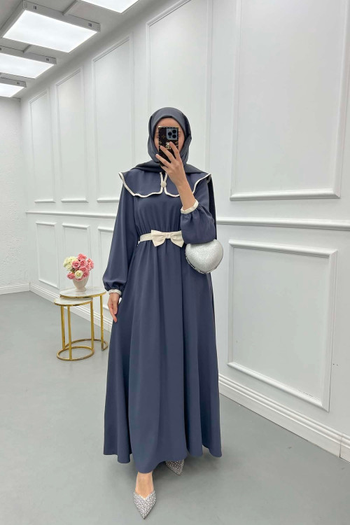 Sare Fashion Baby Collar Belted Dress Anthracite