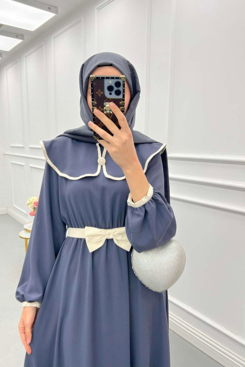 Sare Fashion Baby Collar Belted Dress Anthracite