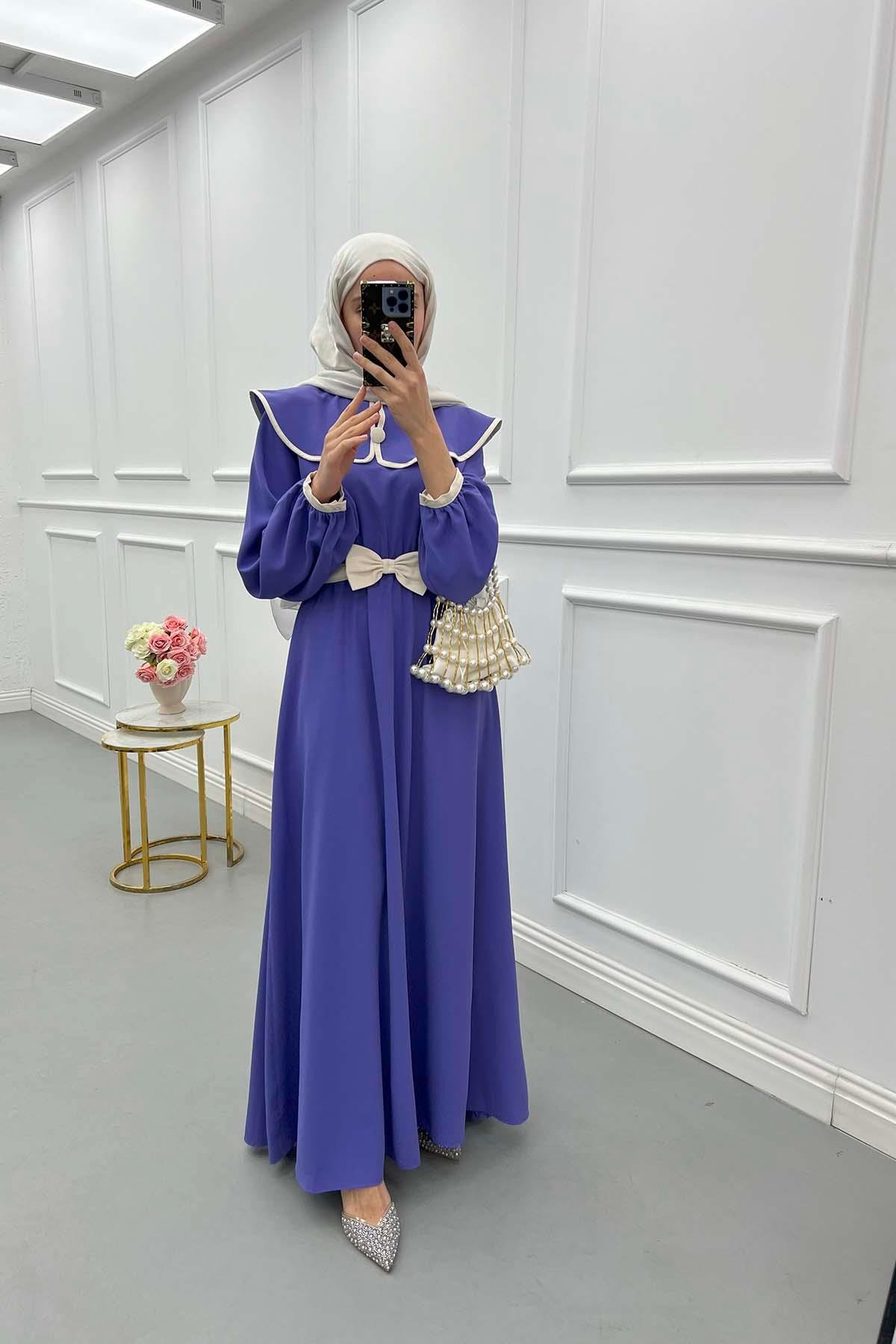 Sare Fashion Baby Collar Belted Dress Purple