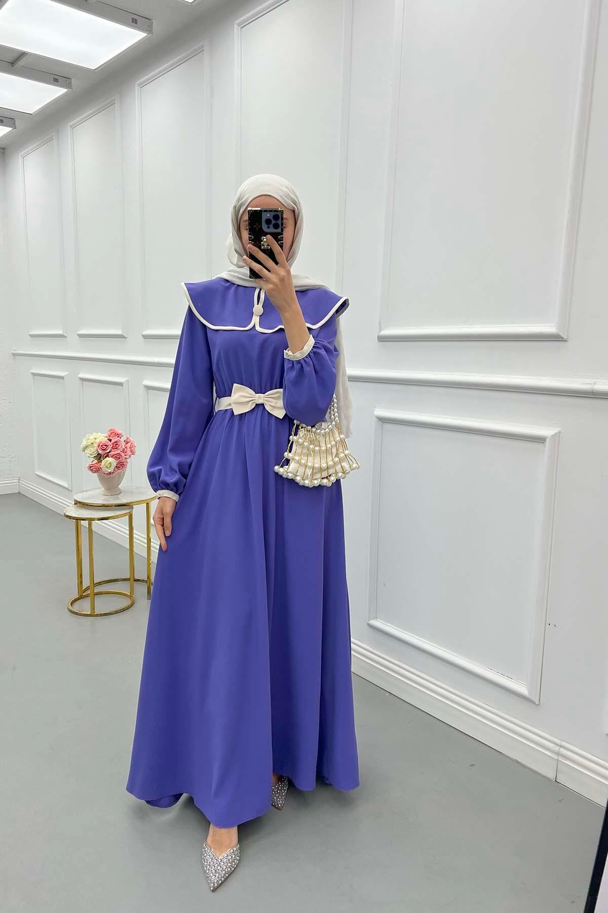 Sare Fashion Baby Collar Belted Dress Purple