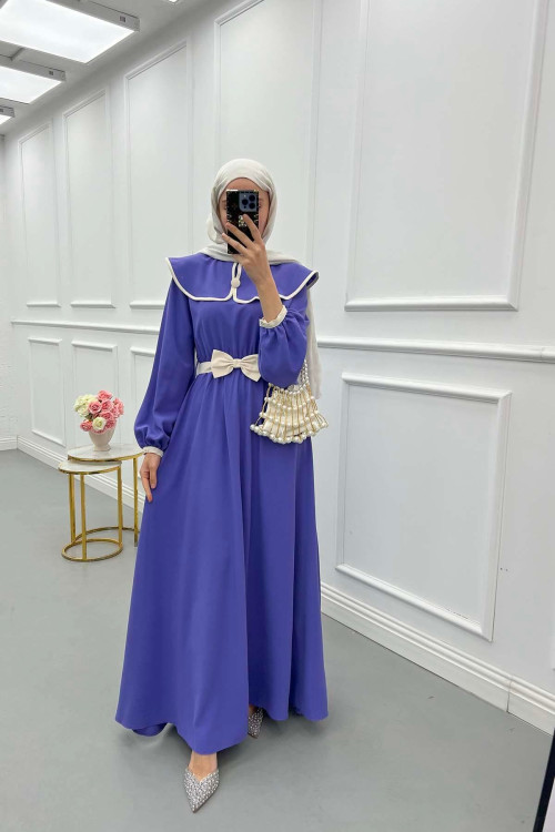 Sare Fashion Baby Collar Belted Dress Purple