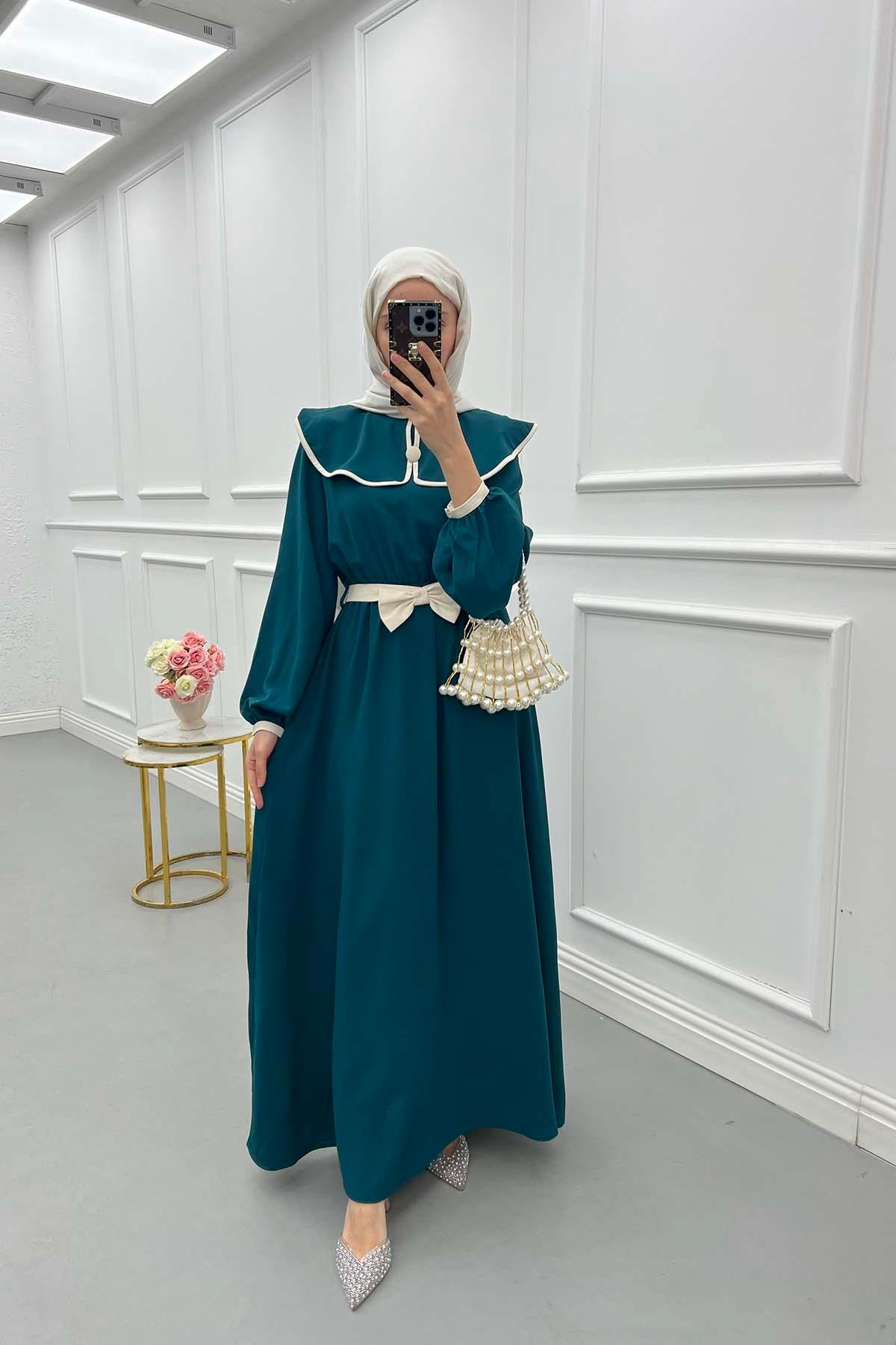 Sare Fashion Baby Collar Belted Dress Petrol Green