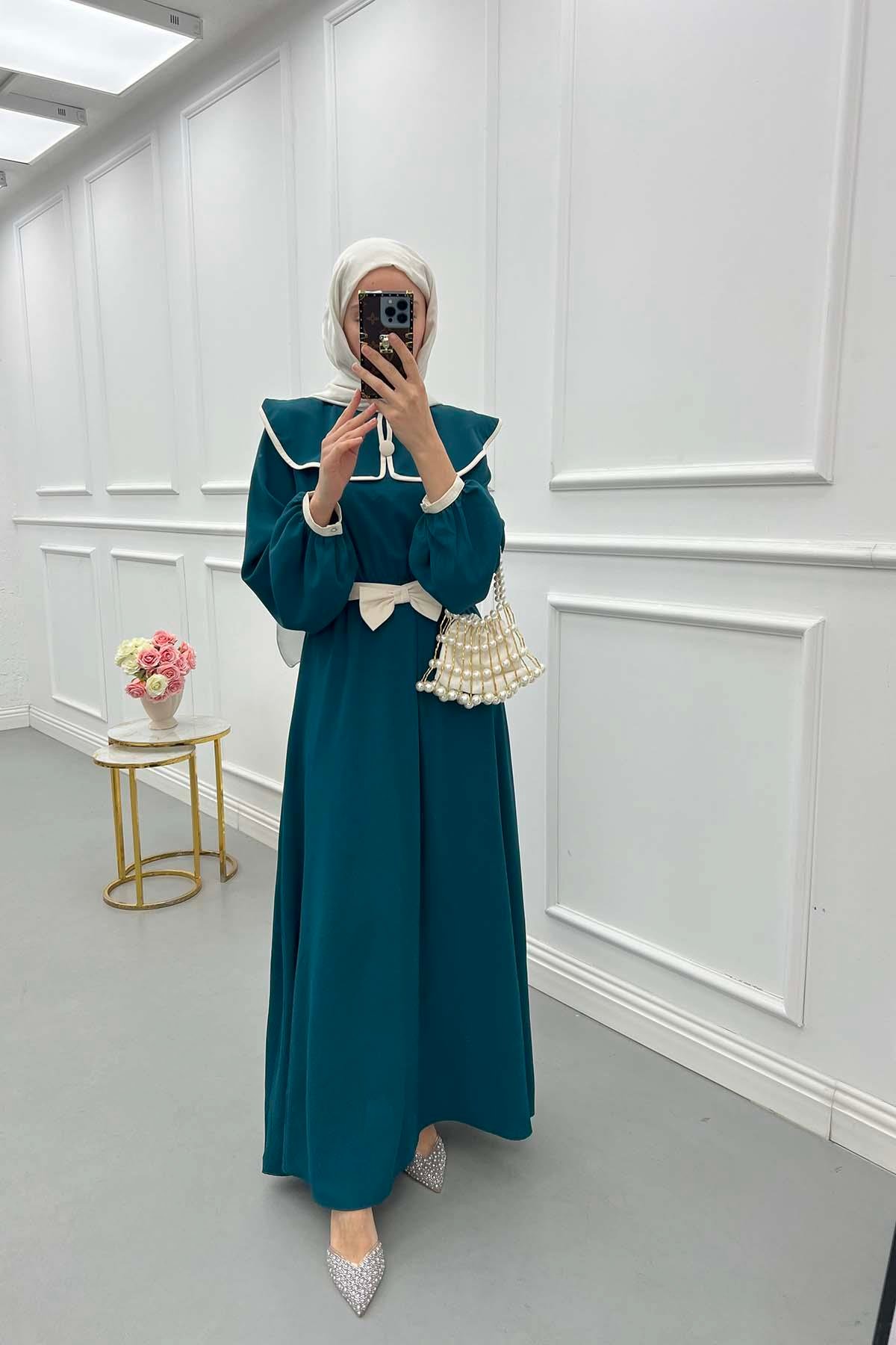 Sare Fashion Baby Collar Belted Dress Petrol Green