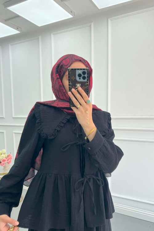Sare Fashion Baby Collar Front Tie Muslin Set Black