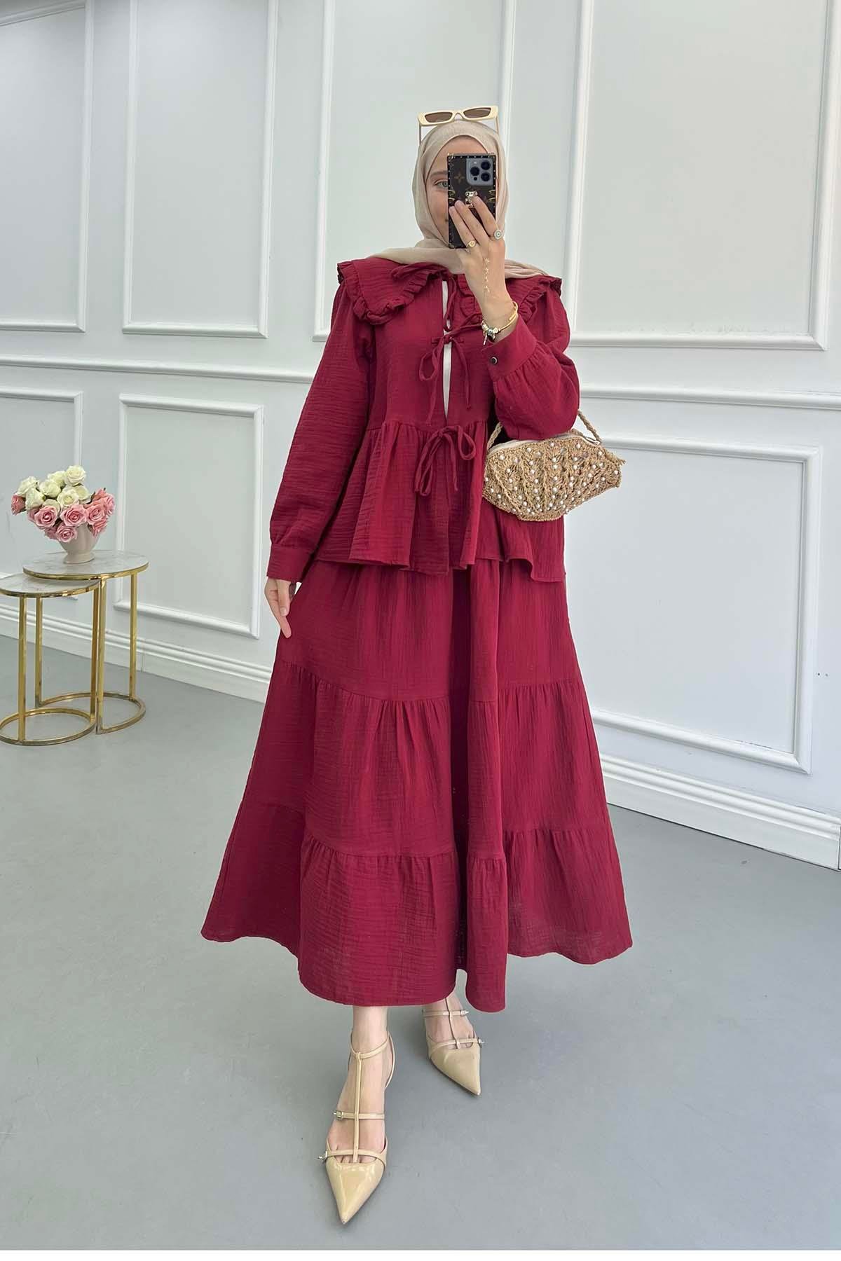 Sare Fashion Baby Collar Front Tie Muslin Suit Burgundy