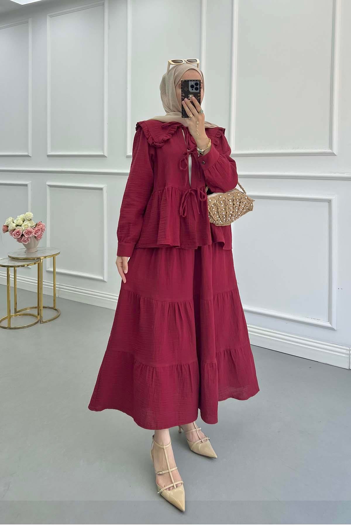 Sare Fashion Baby Collar Front Tie Muslin Suit Burgundy
