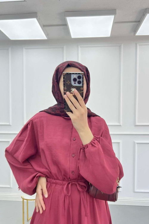 Sare Fashion Basic Dress with Pleated Waist, Burgundy