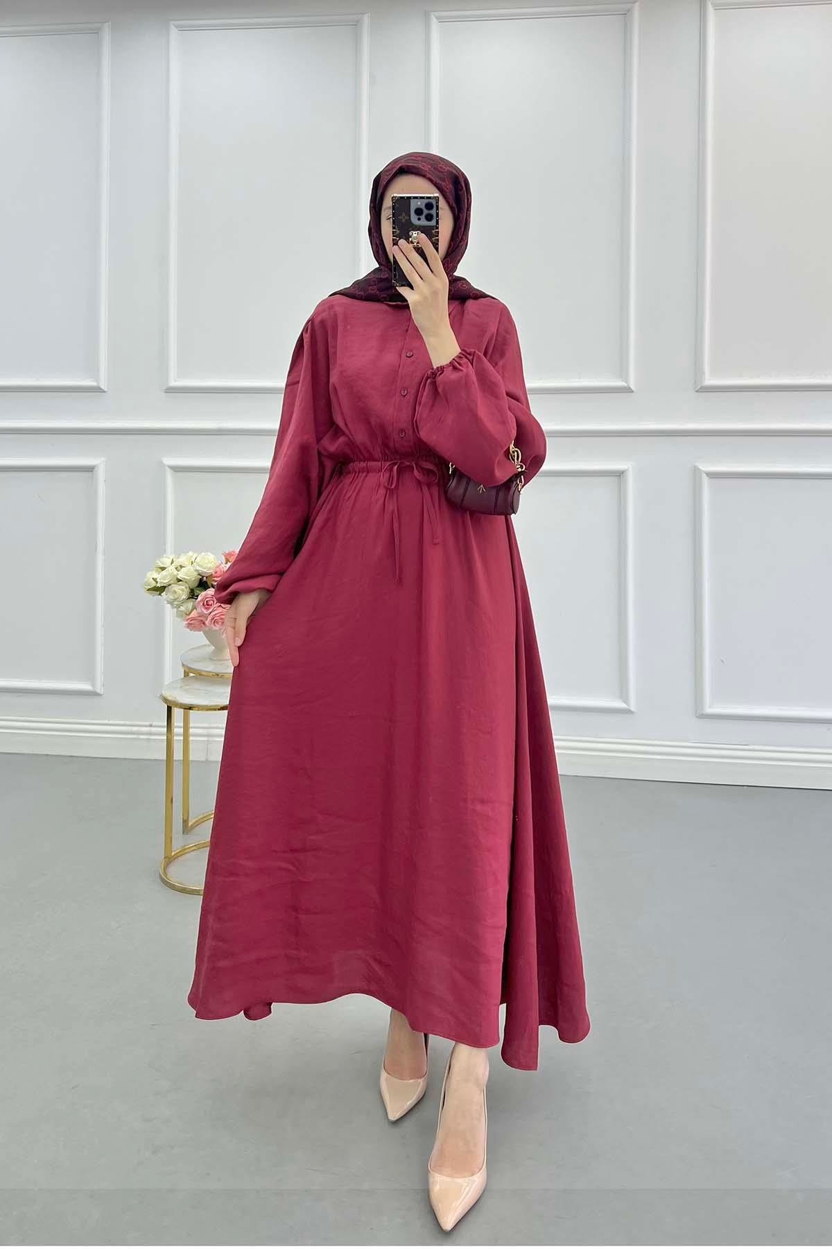 Sare Fashion Basic Dress with Pleated Waist, Burgundy