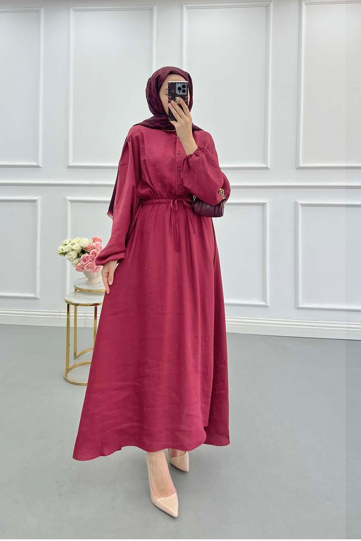 Sare Fashion Basic Dress with Pleated Waist, Burgundy