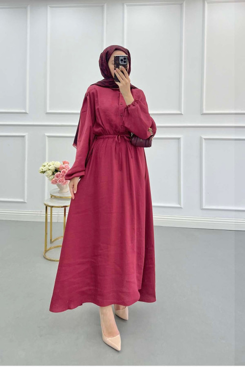Sare Fashion Basic Dress with Pleated Waist, Burgundy