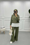 Waist Drawstring Crop Suit Khaki