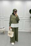 Waist Drawstring Crop Suit Khaki