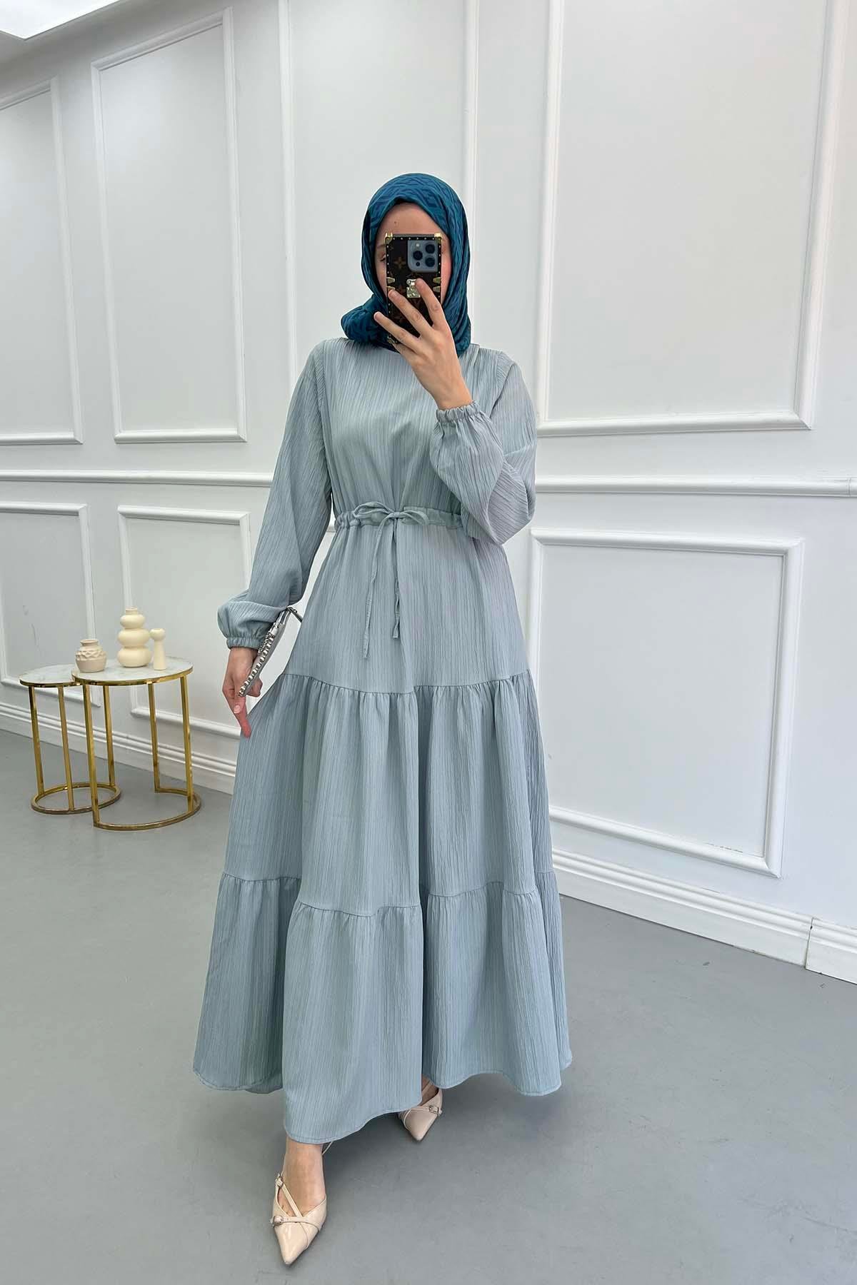 Pleated Waist Textured Dress Ice Blue