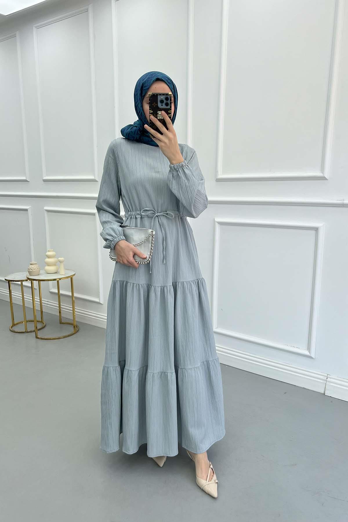 Pleated Waist Textured Dress Ice Blue