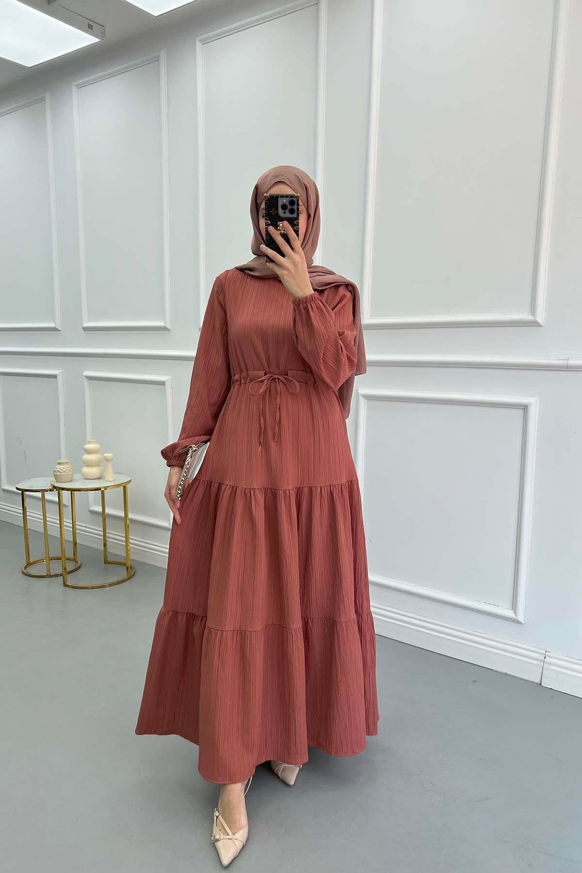 Pleated Waist Textured Dress Dusty Rose