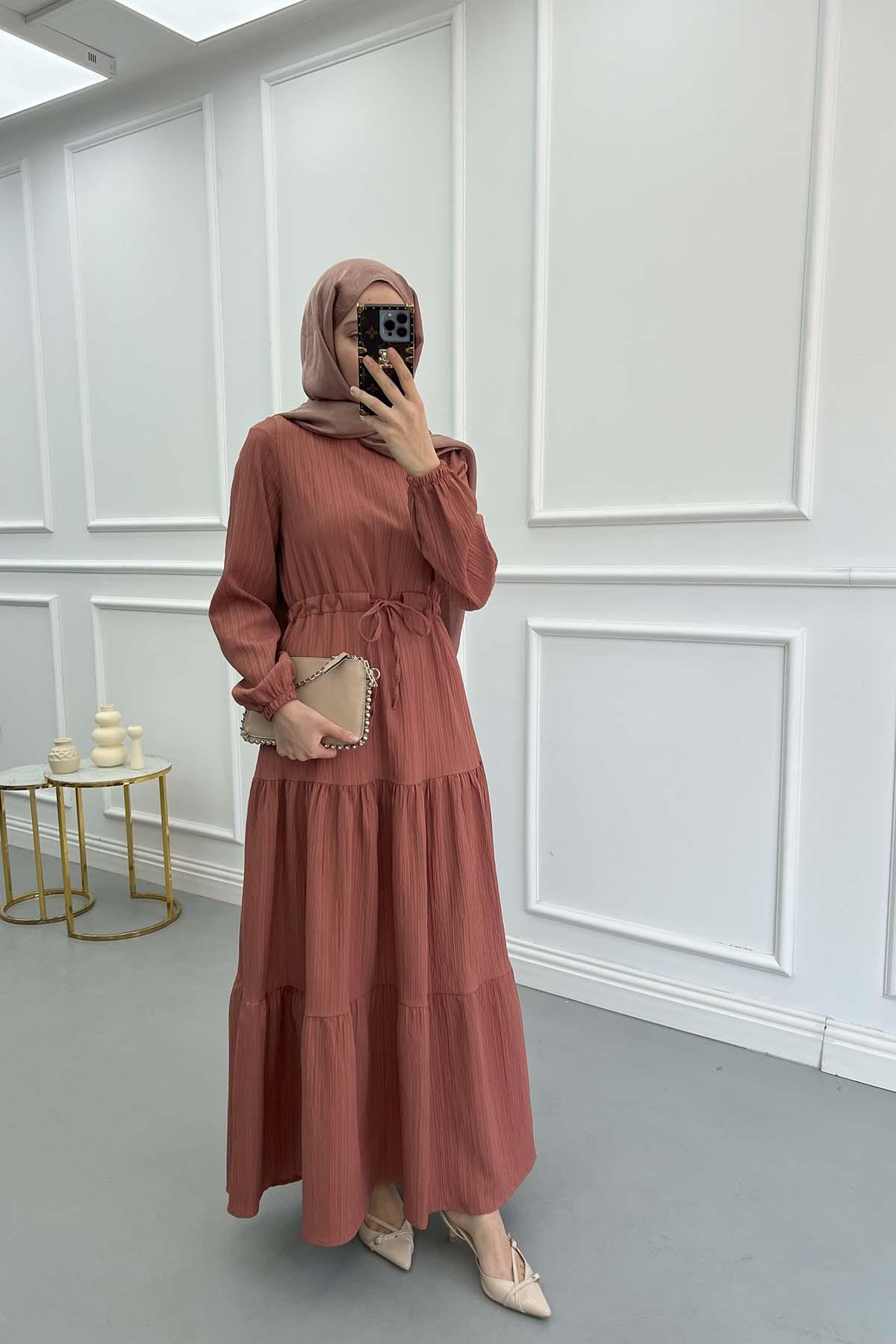 Pleated Waist Textured Dress Dusty Rose