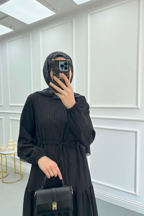 Pleated Waist Textured Dress Black