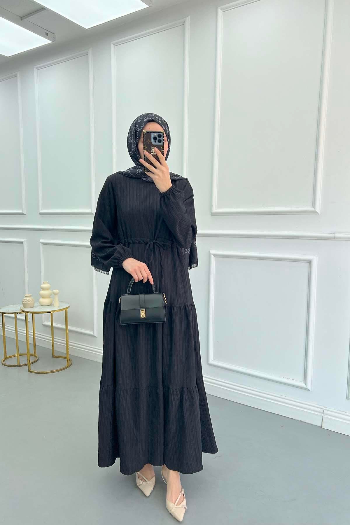 Pleated Waist Textured Dress Black