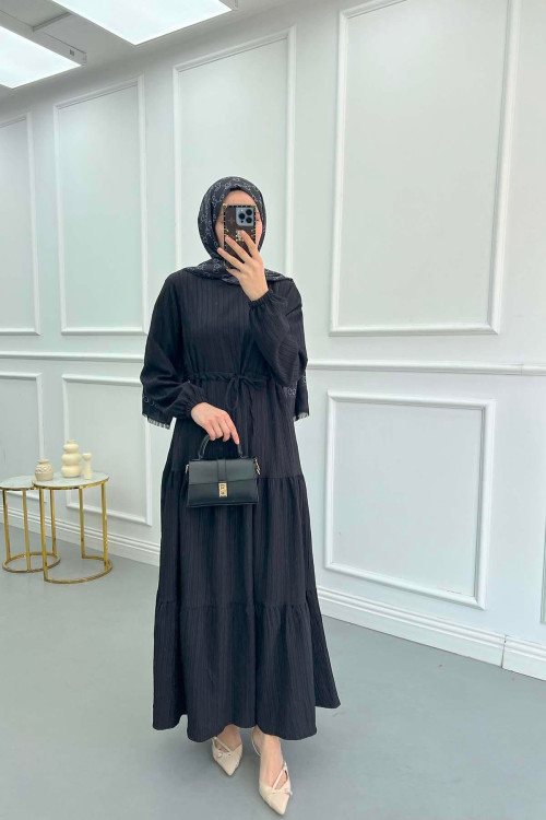 Pleated Waist Textured Dress Black