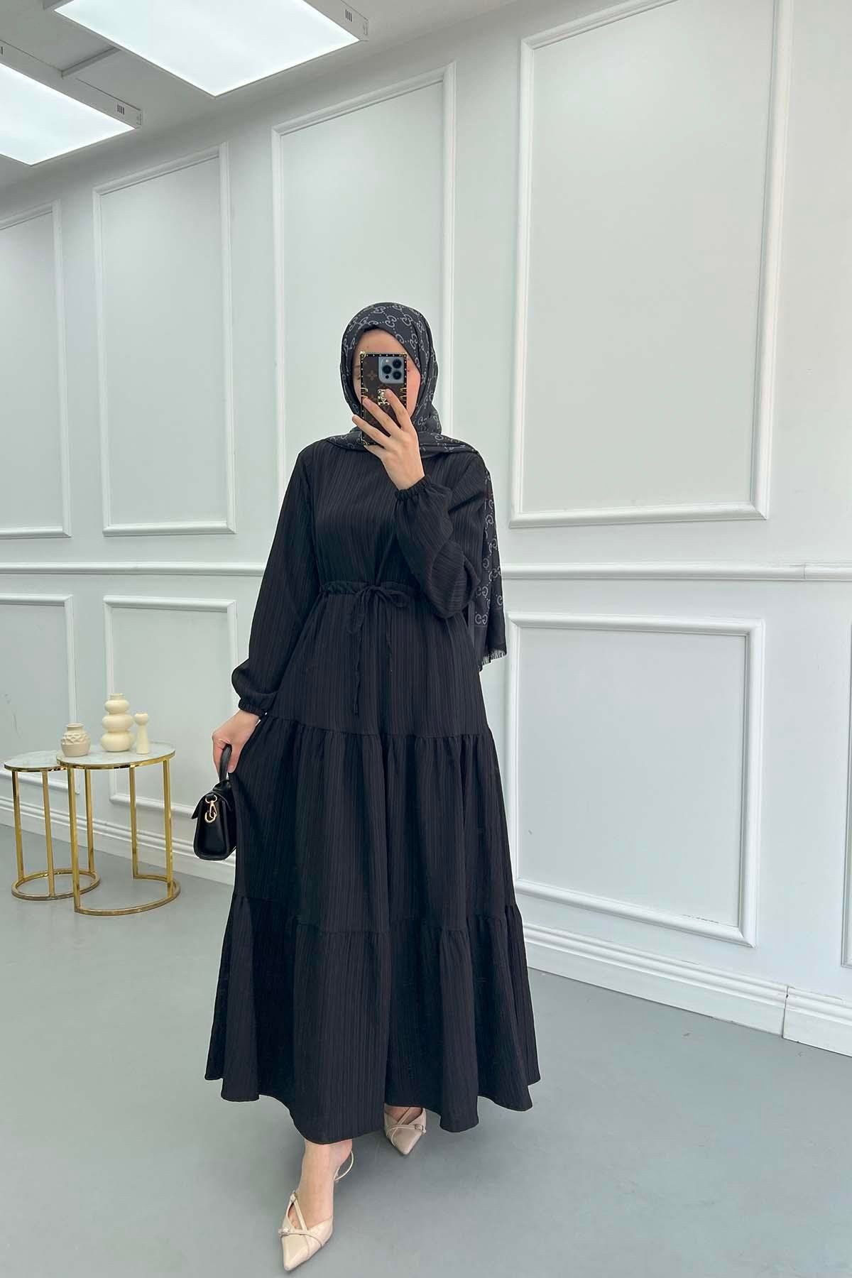 Pleated Waist Textured Dress Black