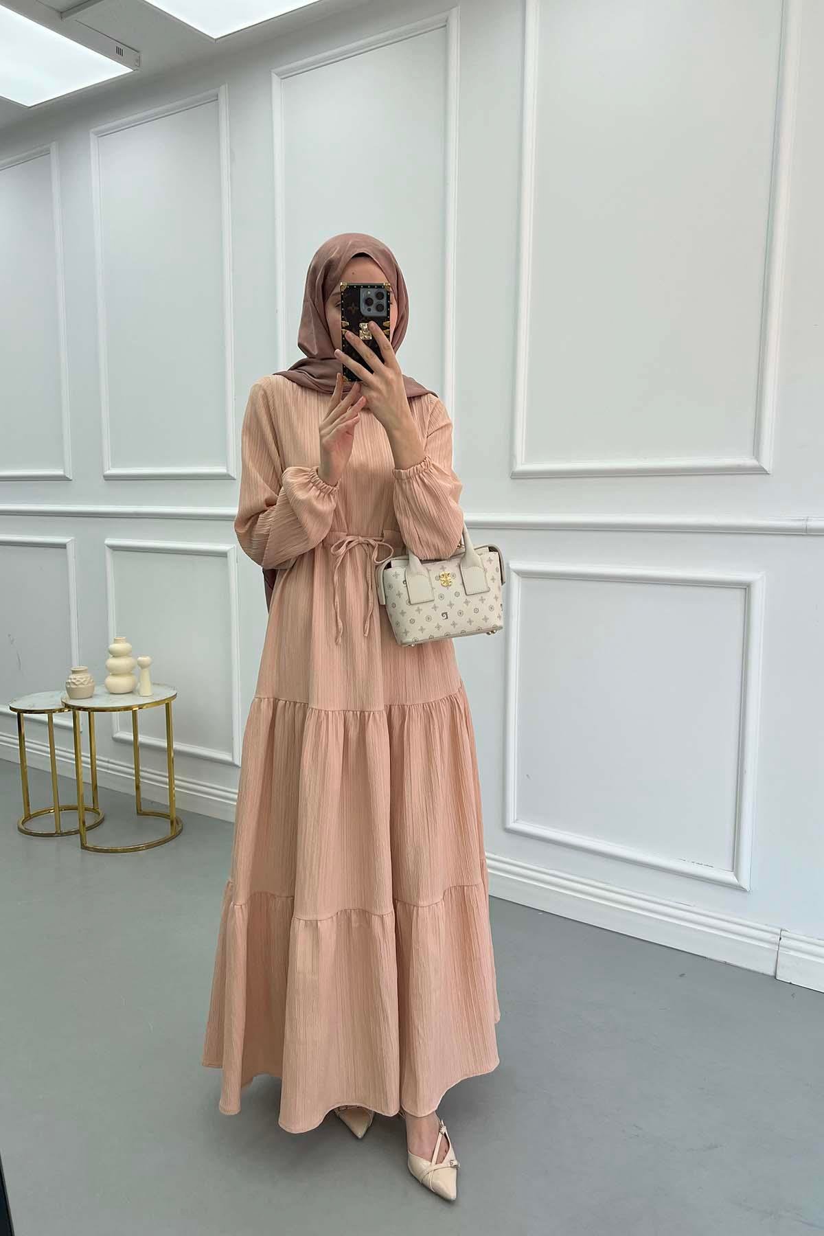 Pleated Waist Textured Dress Salmon