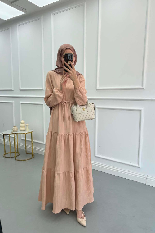 Pleated Waist Textured Dress Salmon