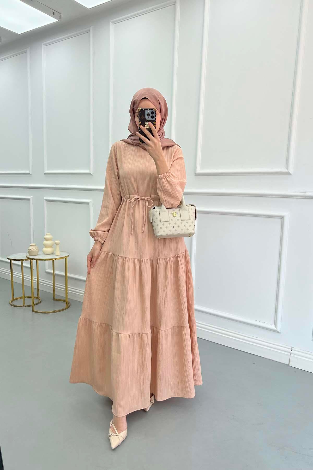 Pleated Waist Textured Dress Salmon
